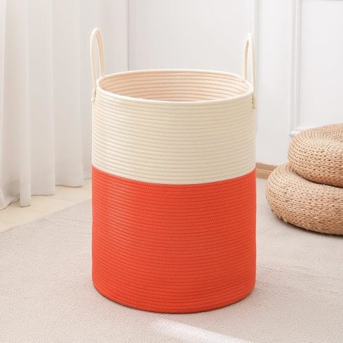 Woven Laundry Hamper Tall Rope Storage Basket for Blanket oys Dirty Clothes in Living Room Bathroom Bedroom (White&Orange, 100L/26.4Gal)