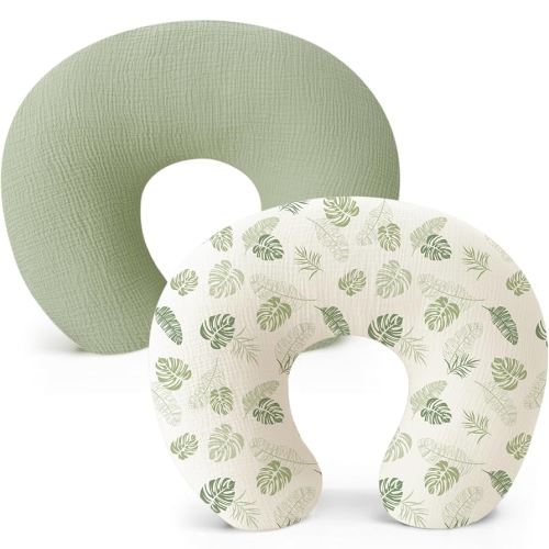 Konssy Muslin Nursing Pillow Covers, Soft and Cute Nursing Covers for Breastfeeding Pillows, Ideal for Newborn Baby Boys and Girls (Palm Paradise, Sage) - 2 Pack