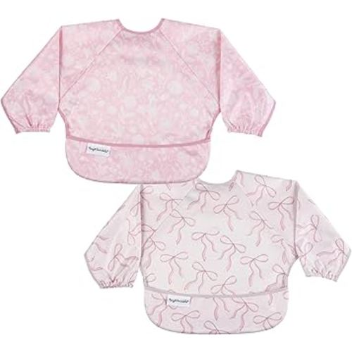 Tiny Twinkle Long Sleeve Bib for Babies & Toddlers – 2 Pack Waterproof Smock Bibs for Eating – Machine Washable & Mess-Proof, Baby Feeding Essential & Shower Must-Have (Toile,Bows, 6-24M)