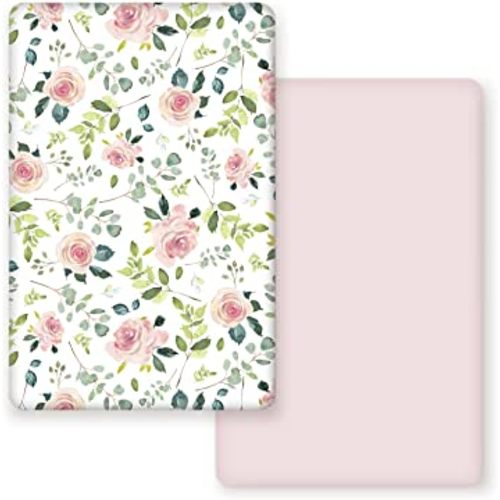 GRSSDER Stretchy Ultra Soft Jersey Knit Fitted Pack n Play Sheets Set 2 Pack, Portable/Mini Crib Sheets, Snug and Safe Playards Sheet for Baby, Pink Rose Stylish Print