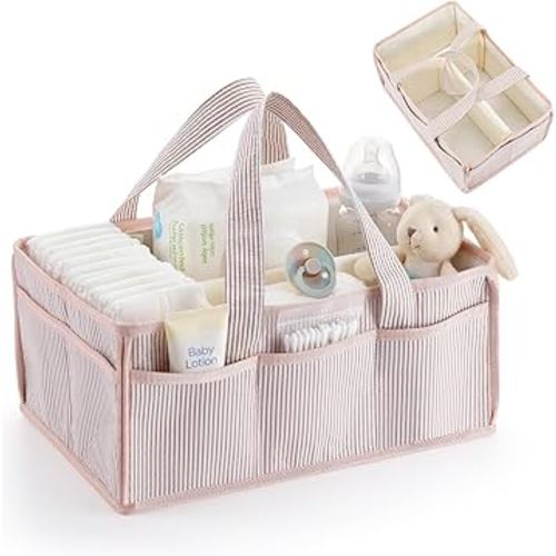 Baby Diaper Caddy, Stripe Diaper Caddy Storage Organizer, Stylish Large Tote Bag for Newborn Essentials Nursery Storage Boy or Girl, Gift for Baby Shower and Registry Must-Have (Khaki)