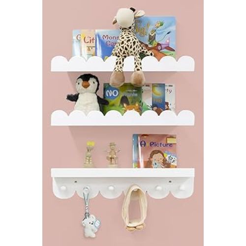 Wall Book Shelves for Bedroom Kids with Hooks - Scalloped Shelves for Nursery Set of 3, Nursery Bookshelf for Wall Room Decor, 16 Inch