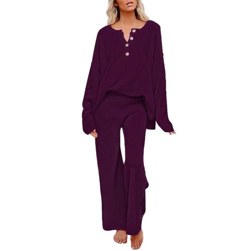 Pink Queen Women's 2 Piece Outfit Set Long Sleeve Button Pullover Sweater Top and Wide Leg Pants Knit Sweatsuit