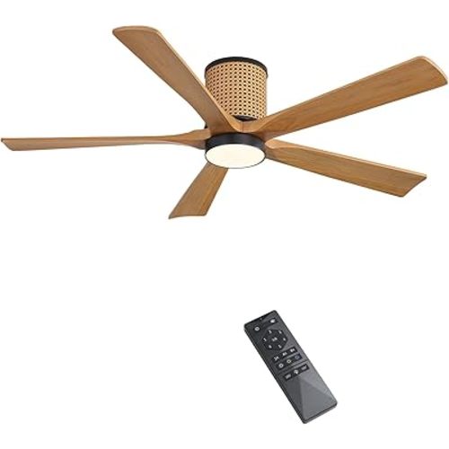 WINGBO 54 inch Flush Mount Ceiling Fan, Rattan Modern Ceiling Fan with Lights,3CCT&Dimmable LED,5 Wood Blades, Quiet 6-Speed DC Motor Low Profile Ceiling Fan with Remote, ETL Listed, Black + Beechwood