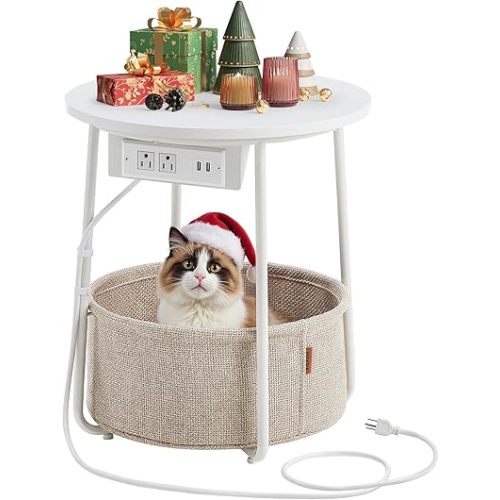 VASAGLE Side Table with Charging Station, Round End Table With Fabric Basket, Nightstand with Power Outlets USB Ports, for Living Room, Bedroom, Modern, Matte White and Camel Brown ULET228W01