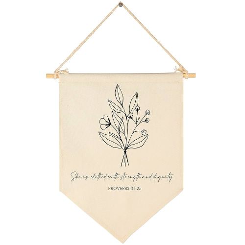 FYSIA Botanical Wall Art - Canvas Pennant Flag Banner - Proverbs 31:25 - Wall Decor for Nursery, Bedroom, Playroom - Lightweight, Unframed, Indoor