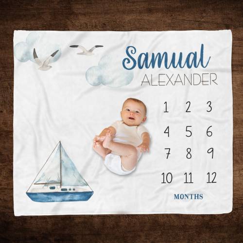 Sailboat Milestone Blanket, Nautical Boy Blanket, Personalized Baby Boy Monthly Growth Blanket, Track Baby Growth, Beach Theme Blanket