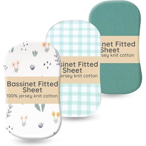 100% Jersey Cotton Bassinet Sheets 17" x 29" Fits Halo BassiNest Swivel Sleeper and 4moms Mamaroo Sleep, Super Soft and Breathable Bassinet Fitted Sheets for Baby, 3 Pack, Green