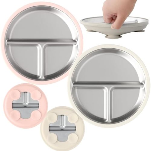 Stainless Steel Baby & Toddler Plate with Suction, Set of 2 Divided Plates with Removable Silicone Sleeves, Non Toxic BPA Free Non-Slip Unbreakable Kids Dishes (Tofu & Pearl Blush)