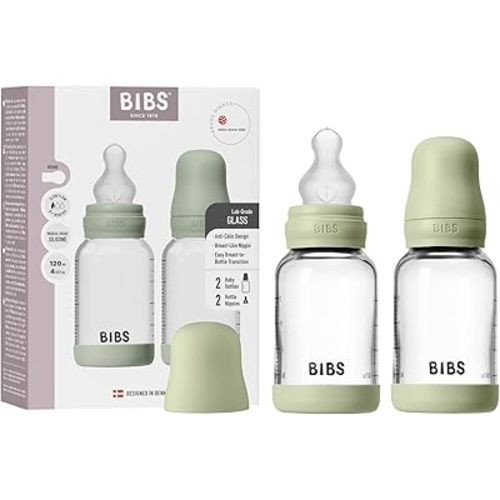 BIBS Glass Baby Bottles 2-Pack, 4 Oz. Anti-Colic System for Gas Reduction. Vented Round Silicone Nipple. Supports Infant and Newborn Breastfeeding - 120 ml (Pack of 2), Sage