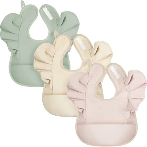 JaGely 3 Pcs Waterproof Baby Bib Washable Toddler Bibs Soft Feeding Bibs with Food Catcher for Baby Boy or Girl Eating Travel Home Supplies, Beige Pink Green