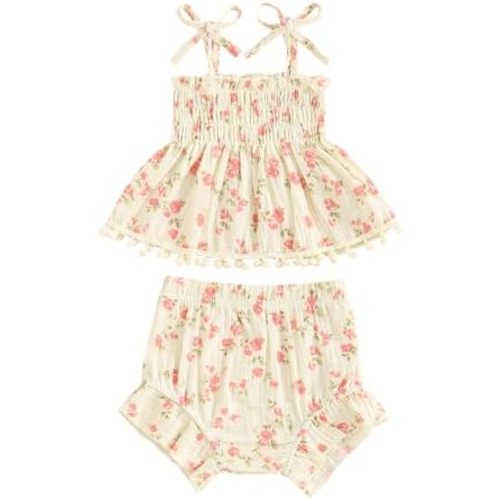 Newborn Baby Girl Clothes Summer Floral Print Sleeveless Ruffle Strap Top Linen Shorts Set Infant Outfit