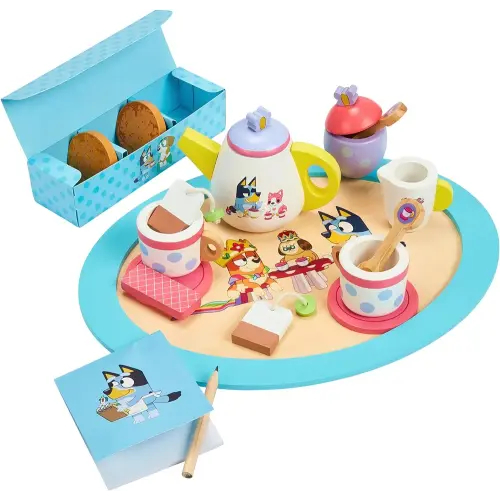 Bluey – Tea Party Set – Wooden 18-Piece Pretend Play Set with Tray, Teapot, Tea Cups, Biscuits, and Notepad for Children 3 Years and up – Imaginative Fun and Role-Playing, FSC Certified