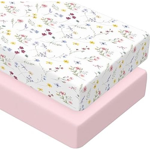 Peryiter 2 Pack Crib Sheets for Girls Boys Coquette Bed Sheet Set Fitted 52'' x 28" for Standard Crib Mattress Stretchable Soft Toddler Aesthetic Nursery Decor(Pink,Wildflower)
