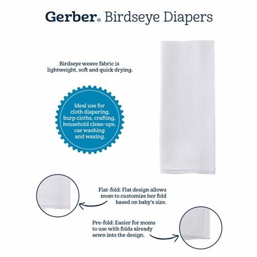 Gerber Birdseye 3-Ply Prefold Cloth Diapers, White, 10 Count
