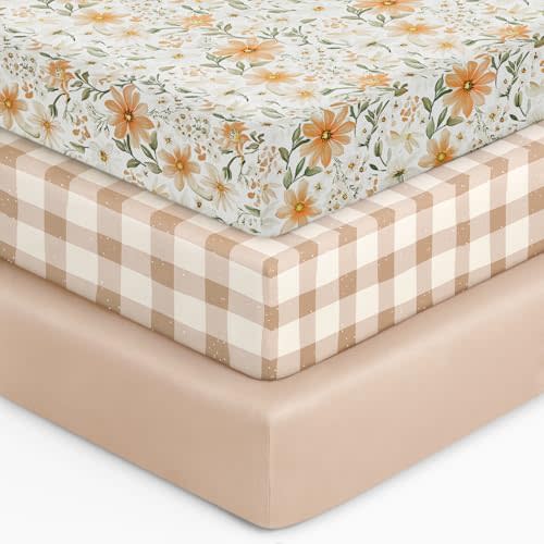 Unnivoll Baby Crib Sheets for Boys Girls, 28x52x8in Fitted Crib Sheet Neutral 3 Pack for Standard Crib and Toddler Mattress, Breathable Soft Microfiber Baby Sheet Orange Flowers & Plaid