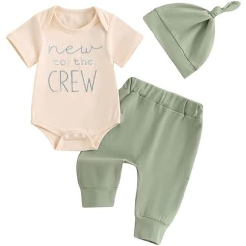 Newborn Baby Boy Girl Clothes New To The Crew Printed Romper Pants Set with Hat Coming Home Hospital Outfits