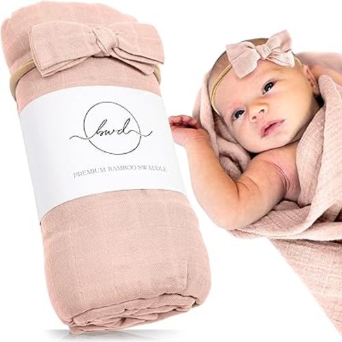 Premium Swaddle Blanket by BWD - Bamboo Viscose & Organic Cotton - Baby Girl Swaddle Set for Newborns and Infants, Muslin Baby Blanket, Ultra-Soft Luxury - 47 Inches (Dusty Blush)