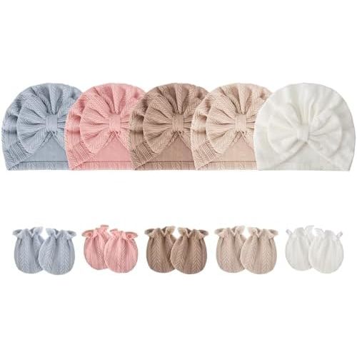 Newborn Baby Hats and Mittens Set Infant Bow Beanie Cap Toddler Gloves Newborn Hospital Hats for Baby Boy Girl 0-6 Months
