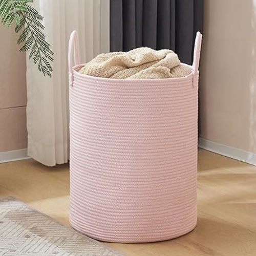 Fiona's magic Pink Laundry Basket Organizer, Woven Rope Large Laundry Hamper Storage, Baby Hamper for Nursery, Dirty Clothes Hamper for Blankets, Toys in Bedroom and Living Room, 58L