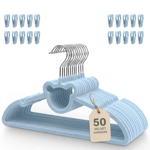 Kids Velvet Hangers 50 Pack with Clips – Non Slip Velvet Clothes Hangers for Toddlers, Kids & Youth – Space Saving Closet Organization