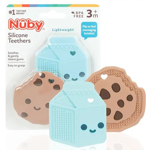 Nuby All Silicone Chocolate Chip Cookie & Milk Carton Teether – 2 Pack, 3+ Months