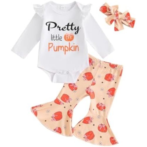 Conjunto de ropa de Halloween para bebé niña de manga larga con pantalones acampanados, diadema y calabaza