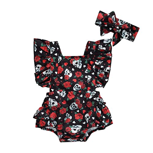 GOOCHEER Infant Baby Girl Easter Clothes Tie Strap Bunny Floral Print Romper Dress Ruffle Bodysuit Jumpsuit with Headband
