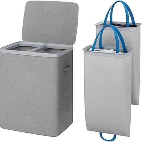 Laundry Hamper with lid, 100L Large Capacity Foldable Laundry Basket with Dual Compartments for Light & Dark Clothes, Removable Bags, Space-Saving, Easy Setup