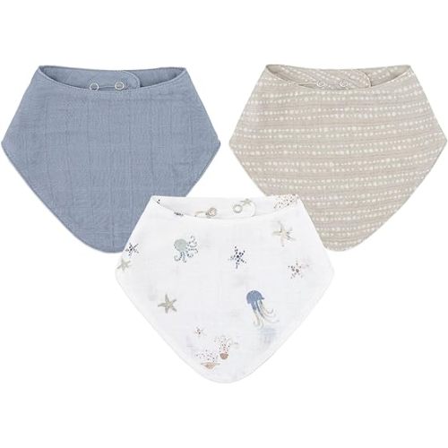Crane Baby Soft Muslin Baby Bib Set, Adjustable and Absorbent Bandana Style Bibs for Boys and Girls