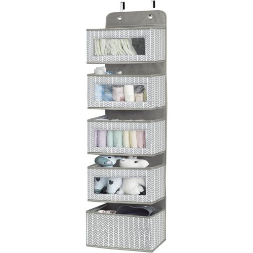 Over the Door Hanging Organizer with 5 Large Pockets - Wall Mount Pantry Storage with Clear PVC Window & 2 Big Metal Hooks for Closet,Bathroom,Nursery,Bedroom,Dorm,Baby Diapers,Kids Toys (Gray)