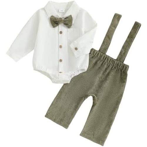 Infant Baby Boys Gentleman Outfits Long Sleeve Bowtie Romper+Suspender Overalls Pants Set Wedding Set Formal