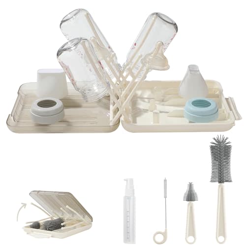6 in 1 Cleaning Brush Set with Silicone Bottle, Nipple, Straw, Soap Dispenser, Drying Rack for Baby and Water Bottles, Space Saving Essentials for Home and Travel