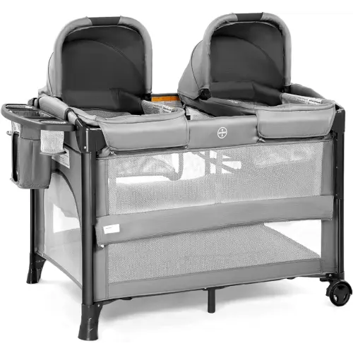 JOYMOR Twin Bassinet for Baby, Bedside Bassinet, Convertible to Bedside Sleeper and Playpen, with Wheel, Brake, Foldable Side Sleeper, Gray