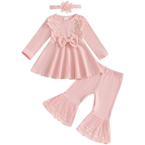 Toddler Baby Girls Fall Winter Outfit Lace Embroidery Clothes Toddler Kids Long Sleeve Tops Bell-bottom Pants Set