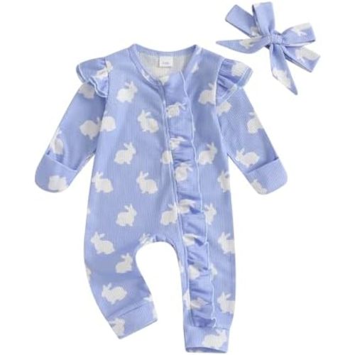KOSUSANILL Newborn Baby Girl Easter Outfit Long Sleeve Bunny Romper Waffle Zipper Jumpsuit with Headband Cute Fall Clothes