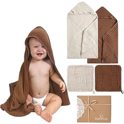 Muslin Baby Hooded Towels 4 Pack, Premium Muslin 6 Layers Natural Cotton Baby Bath Towels, Soft and Comfortable for Boys,Girls (32 x 32, (Coffee & Beige)