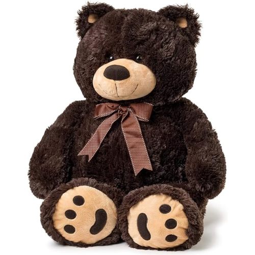 Joon Big Teddy Bear - Fluffy Fur, Ribbon & Bow Signature Footprints- Huggable & Lovable Joy, Ideal Gift for Baby Showers, Loved Ones, Perfect Big Cuddly Plush Toy Companion, 28 Inches, Dark Brown