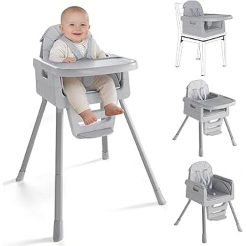 EverKiddo Baby High Chair for 6 Months+, Foldable High Chairs for Babies and Toddlers, Convertible Toddler Chair, Adjustable Tray & Footrest, Lightweight, Stable & Easy to Clean(Gray)