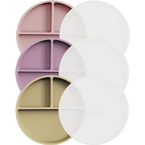 Moonkie Suction Plates for Baby | 100% Silicone BPA-Free Baby Plates with Lids and Food Cover | Divided Design | Microwave and Dishwasher Safe | Toddler Plates 3 Pack