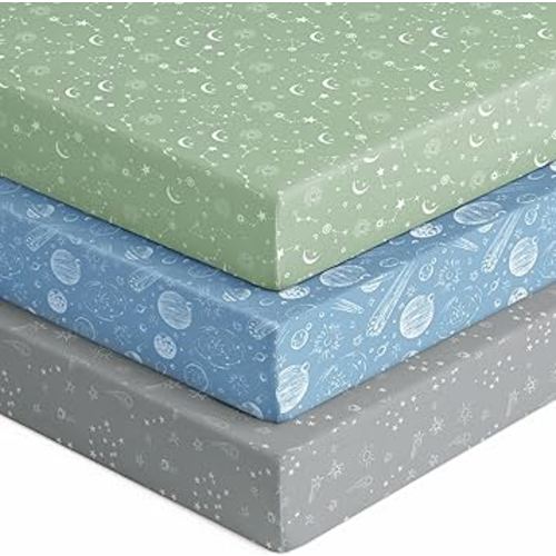Baby Crib Sheets for Boys Girls, Fitted Crib Sheet Neutral 3 Pack for Standard Crib and Toddler Mattress, Breathable Soft Microfiber Baby Sheet 28x52x8in Green Gray Constellation