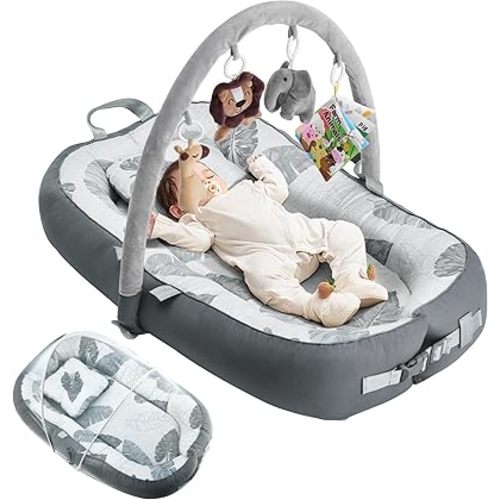 Baby Lounger with 4 Toys,Infant Lounger with Fitness Rack 0-24 Months,Co Sleeping Breathable & Soft 100% Cotton Newborn Lounger Machine-Washable (Baby Lounger with Fitness Rack)