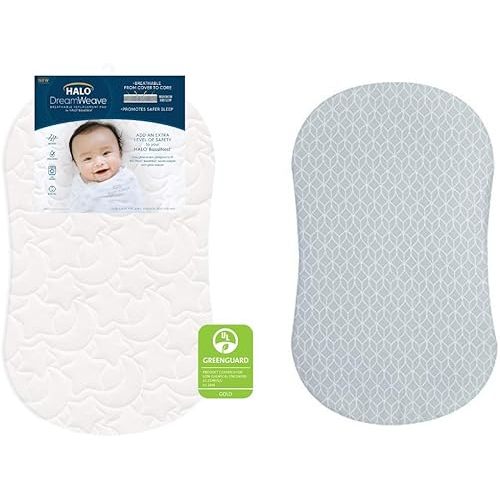 HALO DreamWeave Breathable Mesh BassiNest Mattress Replacement Pad and HALO BassiNest Fitted Sheet Morning Mist, Bundle