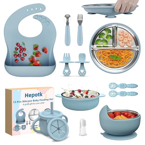 13 Pack Silicone Baby Feeding Set, BPA-Free Stainless Steel Toddler Feeding Supplies, Include Suction Plates, Baby Bowls, Silicone Fork & Spoon, and More, First Stage Baby Dish Set - 6+ Months