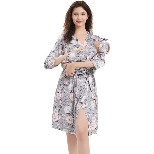 Galabloomer Maternity Robe and Baby Receiving Blanket, Matching Mommy Labor Delivery Robe and Swaddle Set (m, gray pink)