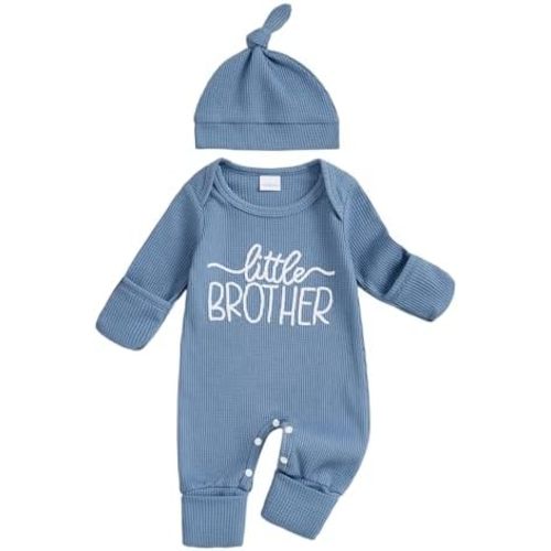 allshope Newborn Baby Boy Fall Outfit Romper Little Brother Long Sleeve Onesie Jumpsuit Bodysuit Infant Winter Waffle Clothes