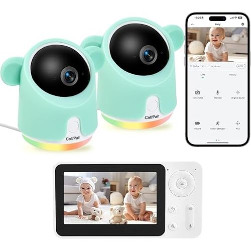 Baby Monitor with Camera and Audio, Split-Screen 1080P 2 Baby Cameras Lullabies WiFi Smartphone App Control Night Vision 4.3” Screen 2-Way Talk Temp&Humidity Sensor Motion & Cry Detection iOS/Android