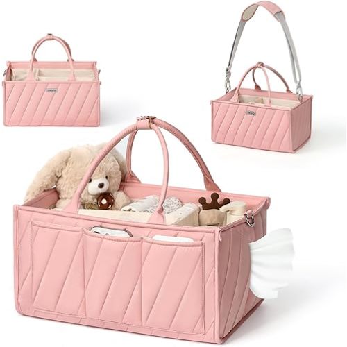 Diaper Caddy Organizer for Baby Essentials – Soft Blush Pink Storage Basket with Compartments, Shoulder Strap & Stroller Hooks – All-in-One Multifunctional Diaper Storage Tote for Nursery & Car