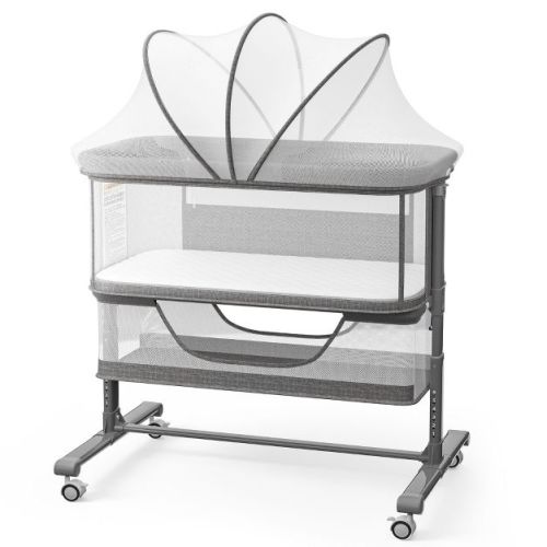 Kinder King Portable Baby Bassinet with Wheels, All-Mesh Bedside Sleeper, Newborn Crib with Removable Mattress, Dark Gray