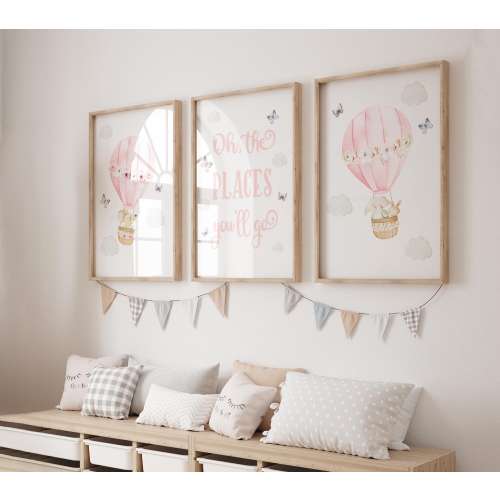 Pink Nursery Prints – Hot Air Balloon Wall Art for Girls, Watercolor Animal Nursery Decor, 'Oh the Places You'll Go' - Set of 3 Kids Prints